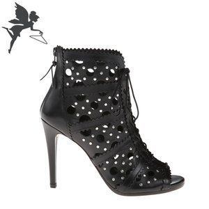 STUART WEITZMAN Cagey Lace Cut Leather Open Toe Bootie